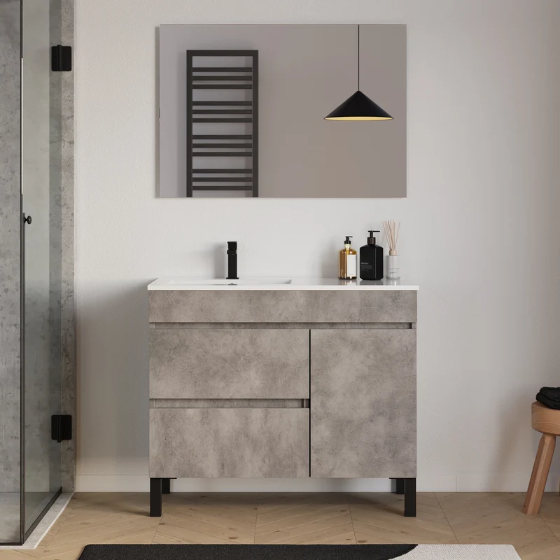 Meuble de salle de bain 100cm sur pieds avec vasque déportée à gauche avec porte et tiroirs - LAZARO