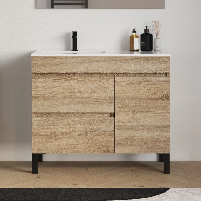 Meuble de salle de bain 100cm sur pieds avec vasque déportée à gauche avec porte et tiroirs - LAZARO