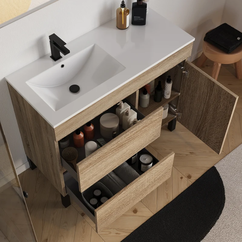 Meuble de salle de bain 100cm sur pieds avec vasque déportée à gauche avec porte et tiroirs - LAZARO