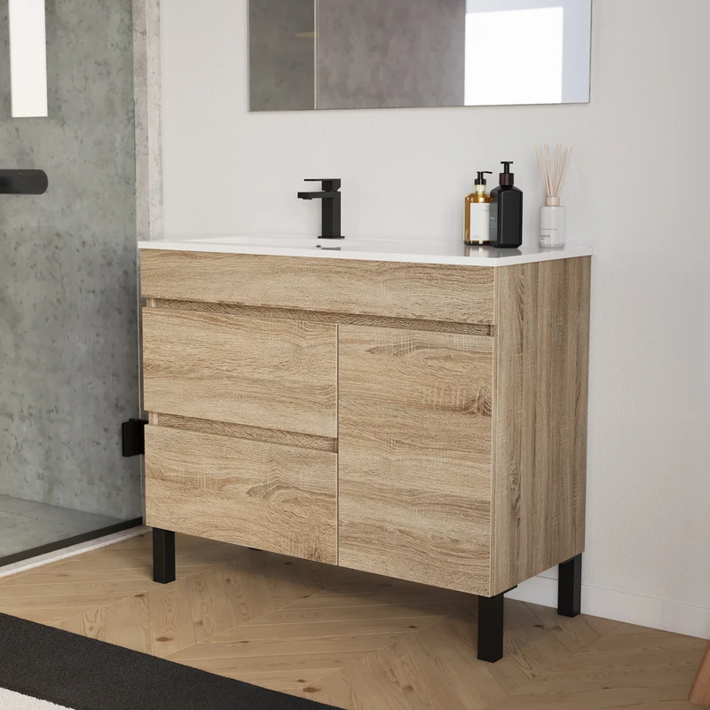 Meuble de salle de bain 100cm sur pieds avec vasque déportée à gauche avec porte et tiroirs - LAZARO