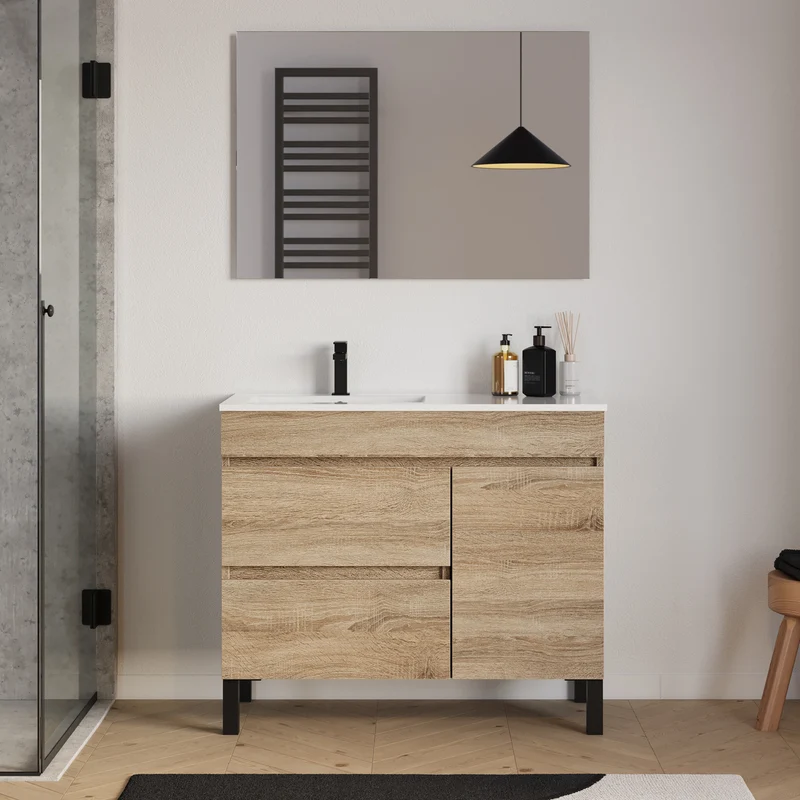 Meuble de salle de bain 100cm sur pieds avec vasque déportée à gauche avec porte et tiroirs - LAZARO