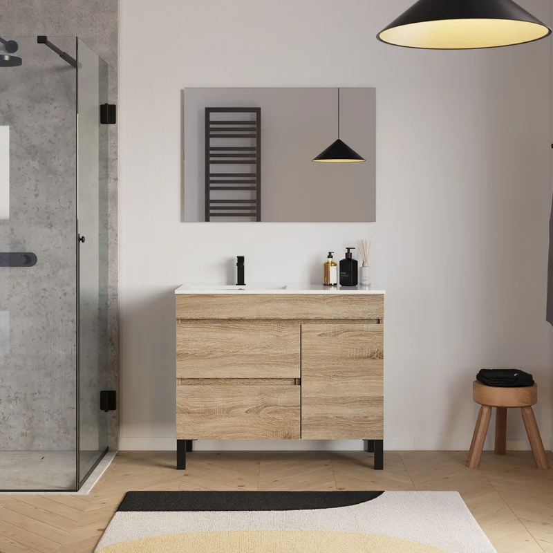 Meuble de salle de bain 100cm sur pieds avec vasque déportée à gauche avec porte et tiroirs - LAZARO