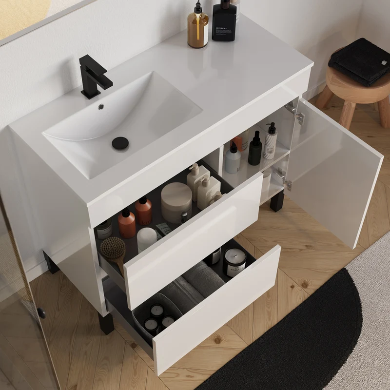 Meuble de salle de bain 100cm sur pieds avec vasque déportée à gauche avec porte et tiroirs - LAZARO