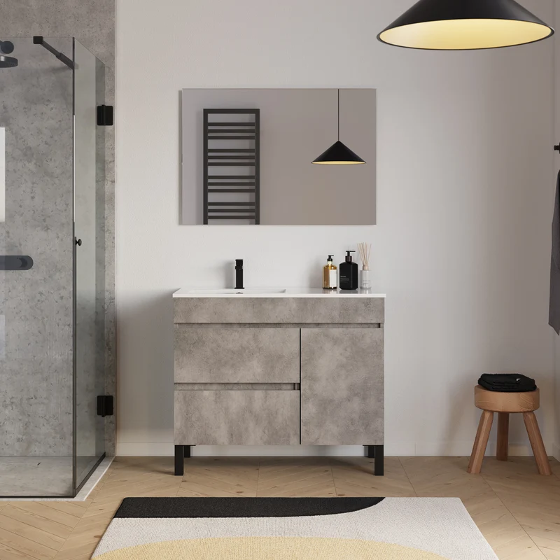 Meuble de salle de bain 100cm sur pieds avec vasque déportée à gauche avec porte et tiroirs - LAZARO