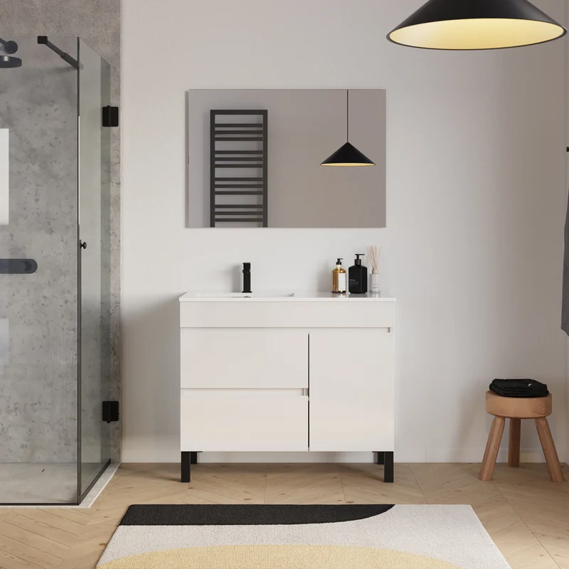 Meuble de salle de bain 100cm sur pieds avec vasque déportée à gauche avec porte et tiroirs - LAZARO