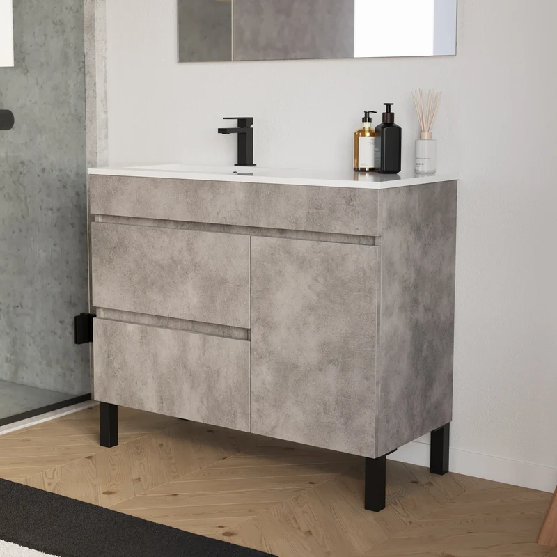 Meuble de salle de bain 100cm sur pieds avec vasque déportée à gauche avec porte et tiroirs - LAZARO