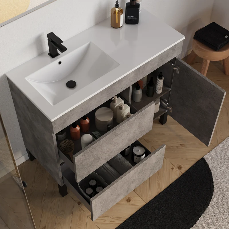Meuble de salle de bain 100cm sur pieds avec vasque déportée à gauche avec porte et tiroirs - LAZARO