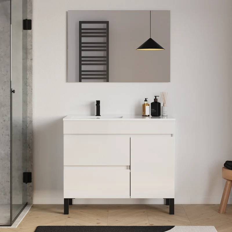 Meuble de salle de bain 100cm sur pieds avec vasque déportée à gauche avec porte et tiroirs - LAZARO