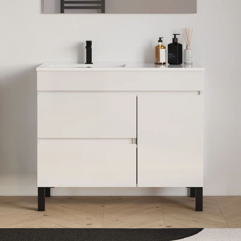 Meuble de salle de bain 100cm sur pieds avec vasque déportée à gauche avec porte et tiroirs - LAZARO