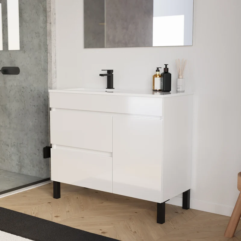 Meuble de salle de bain 100cm sur pieds avec vasque déportée à gauche avec porte et tiroirs - LAZARO