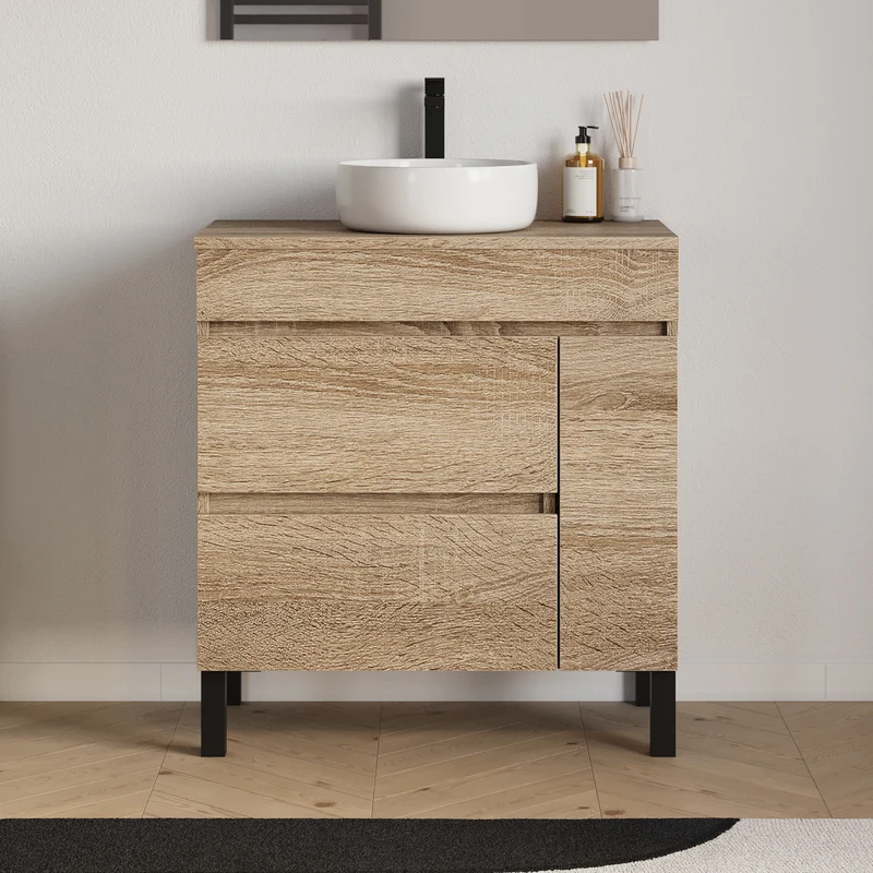 Meuble de salle de bain 70cm avec plateau et vasque à poser ronde - porte et tiroirs - LAZARO