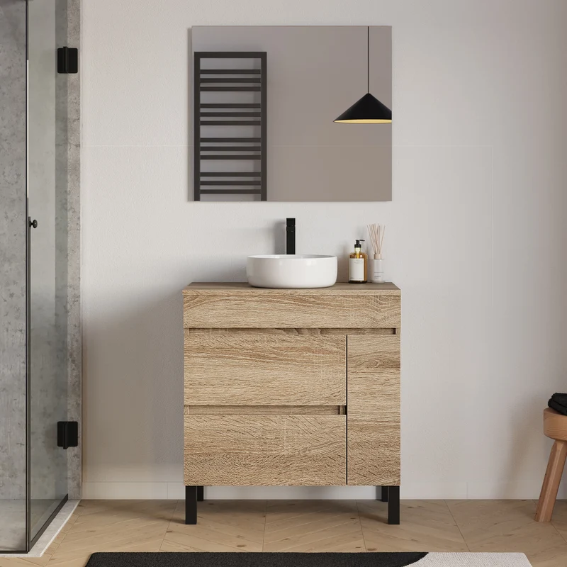 Meuble de salle de bain 70cm avec plateau et vasque à poser ronde - porte et tiroirs - LAZARO