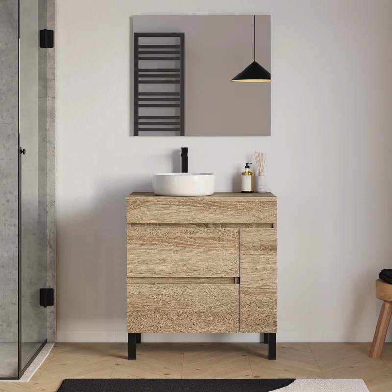 Meuble de salle de bain 70cm avec plateau et vasque à poser ronde - porte et tiroirs - LAZARO