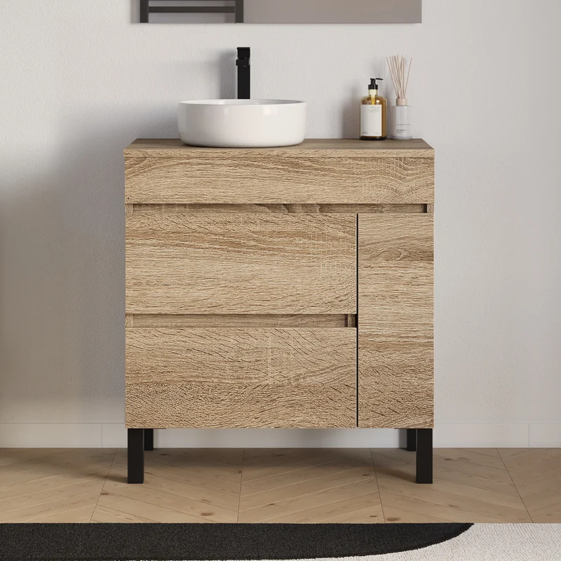 Meuble de salle de bain 70cm avec plateau et vasque à poser ronde - porte et tiroirs - LAZARO