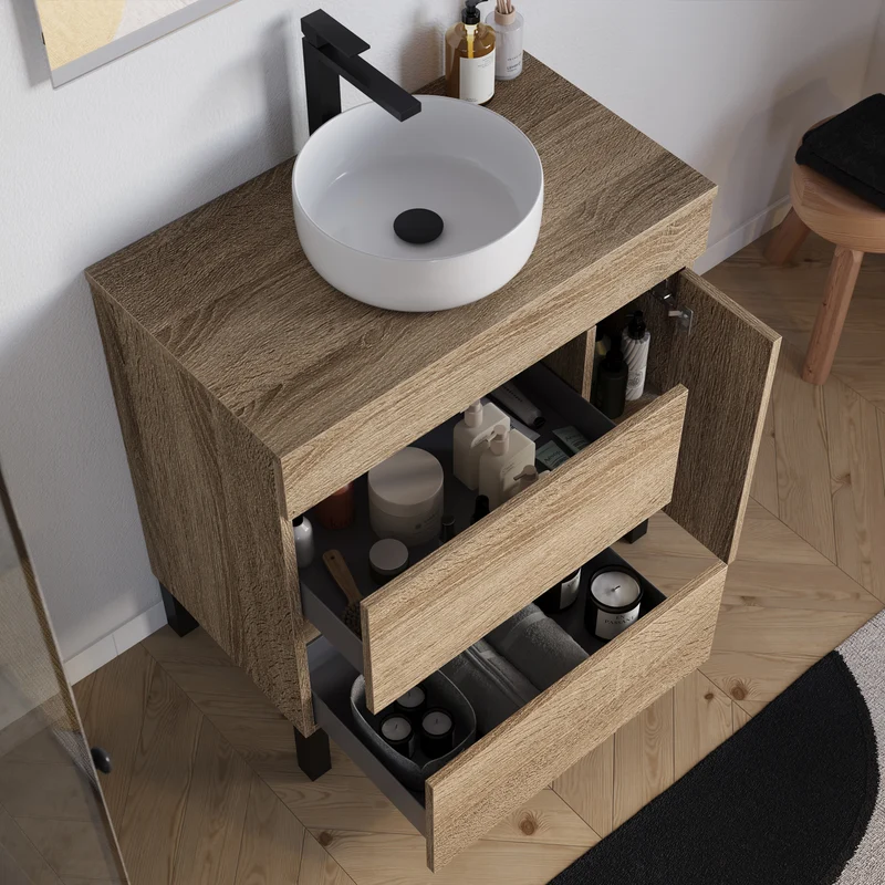 Meuble de salle de bain 70cm avec plateau et vasque à poser ronde - porte et tiroirs - LAZARO