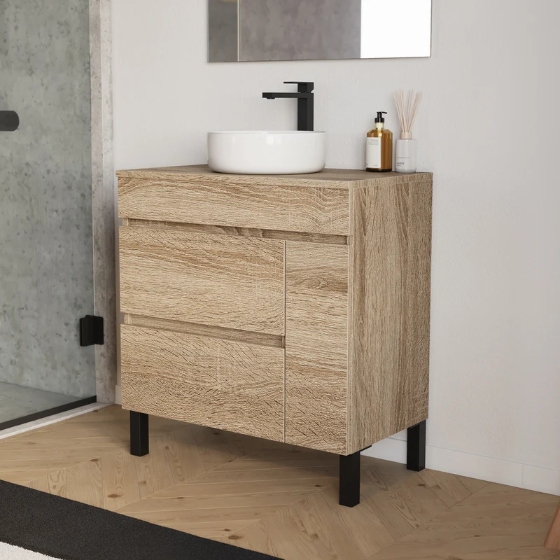 Meuble de salle de bain 70cm avec plateau et vasque à poser ronde - porte et tiroirs - LAZARO