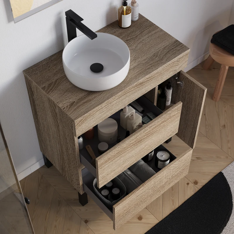 Meuble de salle de bain 70cm avec plateau et vasque à poser ronde - porte et tiroirs - LAZARO