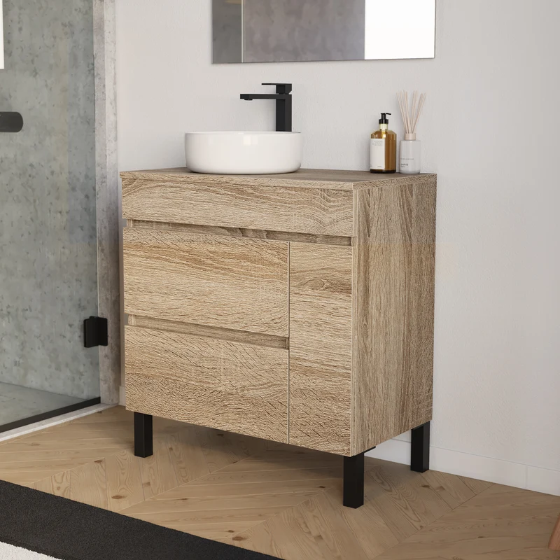 Meuble de salle de bain 70cm avec plateau et vasque à poser ronde - porte et tiroirs - LAZARO