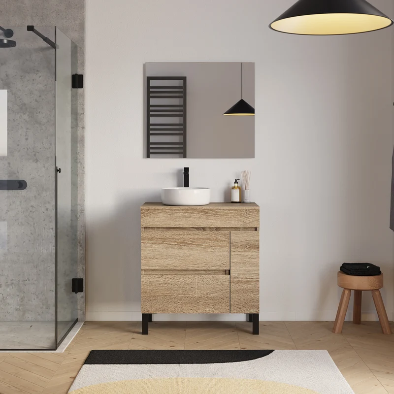 Meuble de salle de bain 70cm avec plateau et vasque à poser ronde - porte et tiroirs - LAZARO