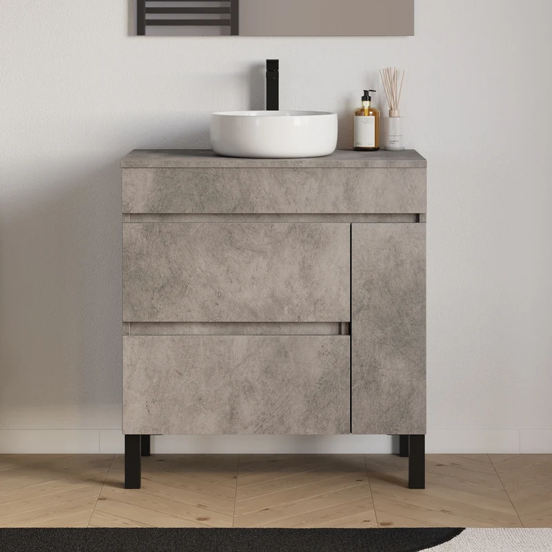Meuble de salle de bain 70cm avec plateau et vasque à poser ronde - porte et tiroirs - LAZARO