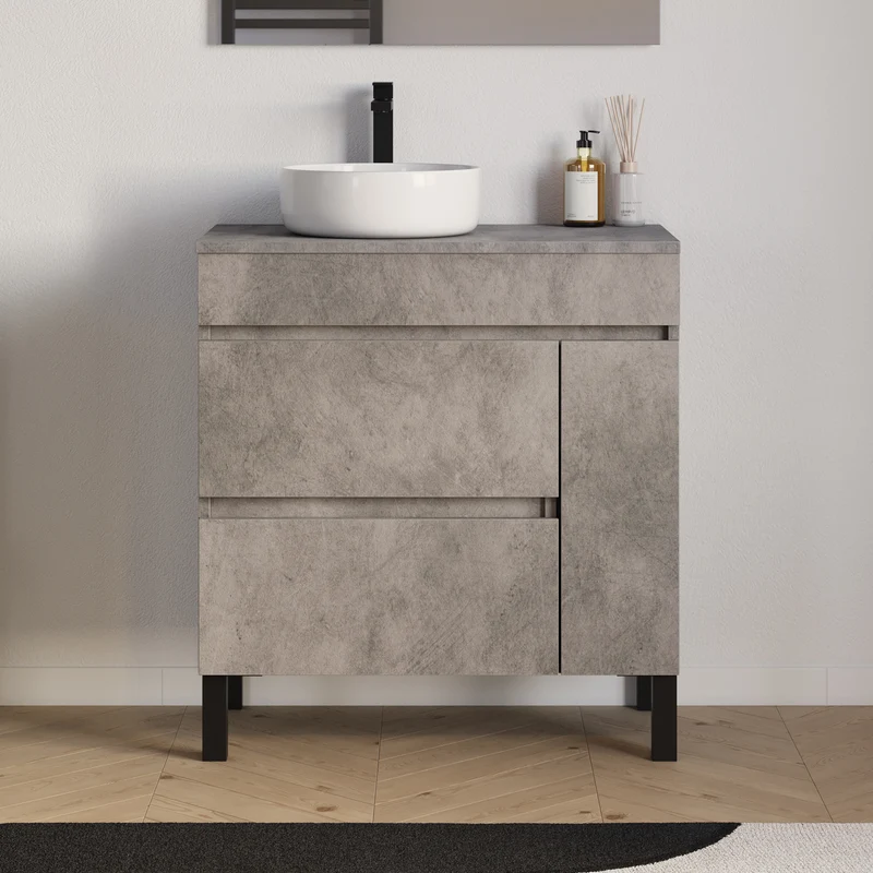Meuble de salle de bain 70cm avec plateau et vasque à poser ronde - porte et tiroirs - LAZARO