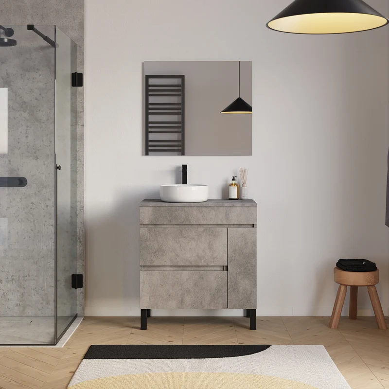 Meuble de salle de bain 70cm avec plateau et vasque à poser ronde - porte et tiroirs - LAZARO