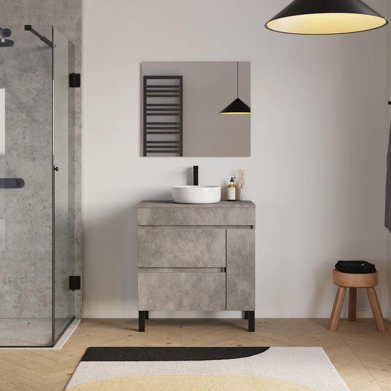 Meuble de salle de bain 70cm avec plateau et vasque à poser ronde - porte et tiroirs - LAZARO