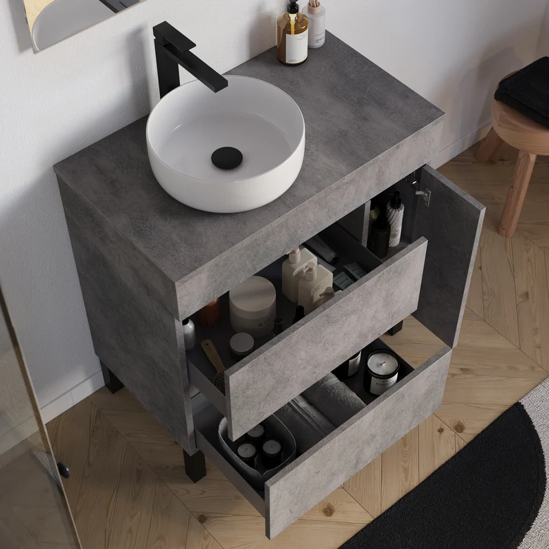 Meuble de salle de bain 70cm avec plateau et vasque à poser ronde - porte et tiroirs - LAZARO
