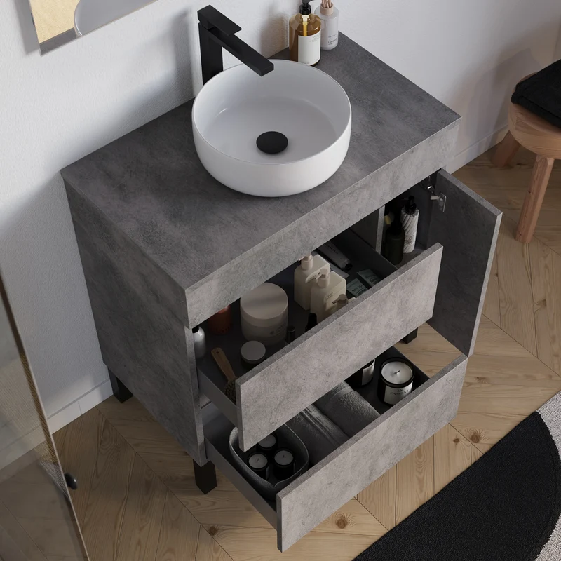 Meuble de salle de bain 70cm avec plateau et vasque à poser ronde - porte et tiroirs - LAZARO