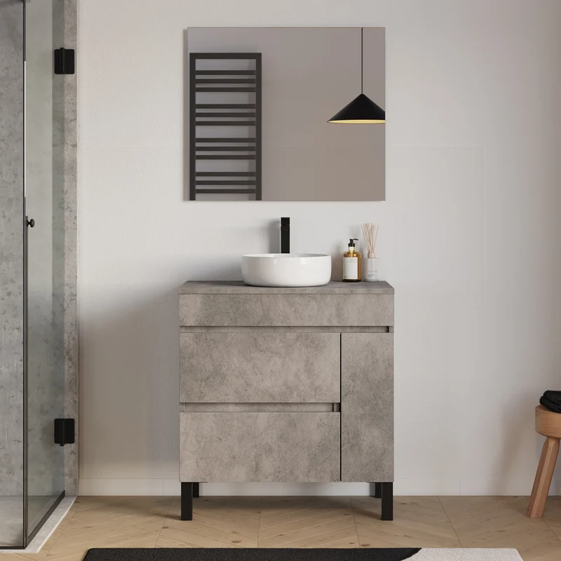 Meuble de salle de bain 70cm avec plateau et vasque à poser ronde - porte et tiroirs - LAZARO