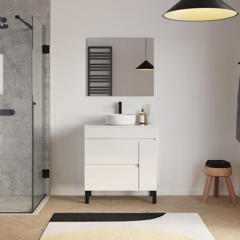 Meuble de salle de bain 70cm avec plateau et vasque à poser ronde - porte et tiroirs - LAZARO