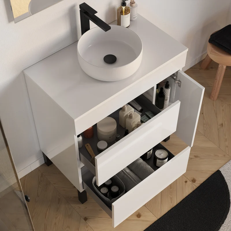 Meuble de salle de bain 70cm avec plateau et vasque à poser ronde - porte et tiroirs - LAZARO
