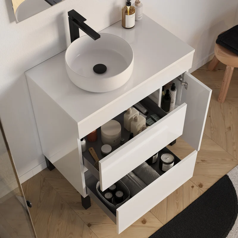 Meuble de salle de bain 70cm avec plateau et vasque à poser ronde - porte et tiroirs - LAZARO