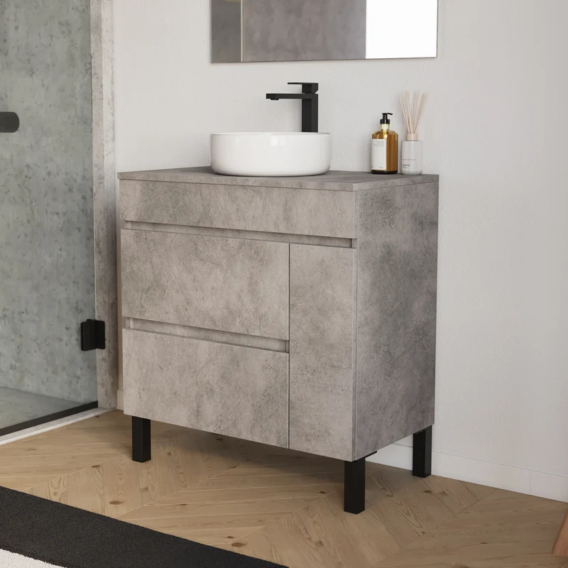 Meuble de salle de bain 70cm avec plateau et vasque à poser ronde - porte et tiroirs - LAZARO