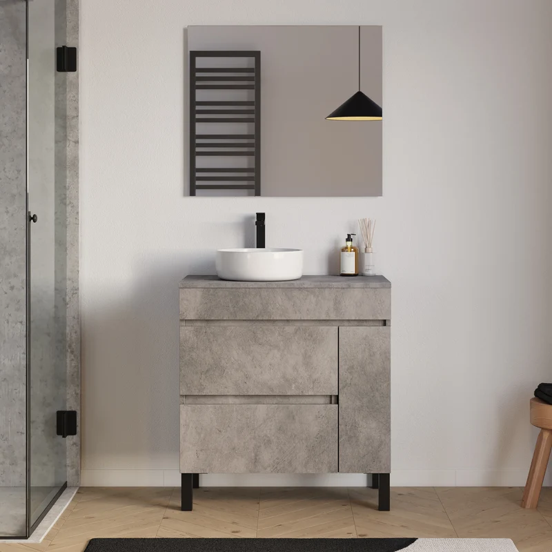 Meuble de salle de bain 70cm avec plateau et vasque à poser ronde - porte et tiroirs - LAZARO
