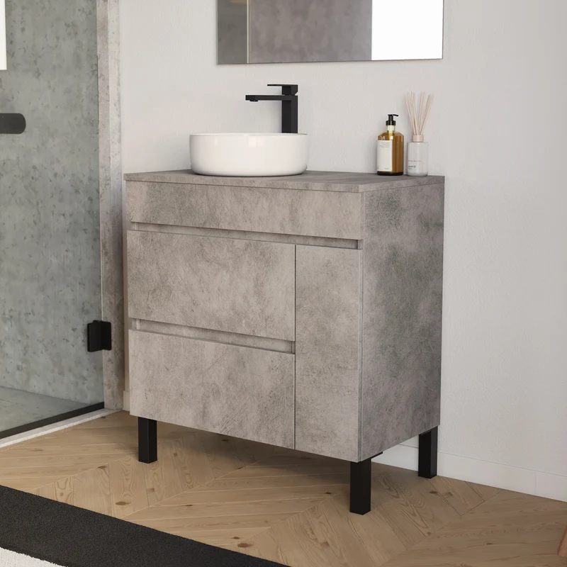 Meuble de salle de bain 70cm avec plateau et vasque à poser ronde - porte et tiroirs - LAZARO