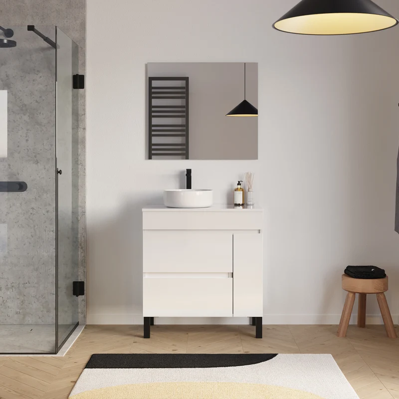 Meuble de salle de bain 70cm avec plateau et vasque à poser ronde - porte et tiroirs - LAZARO