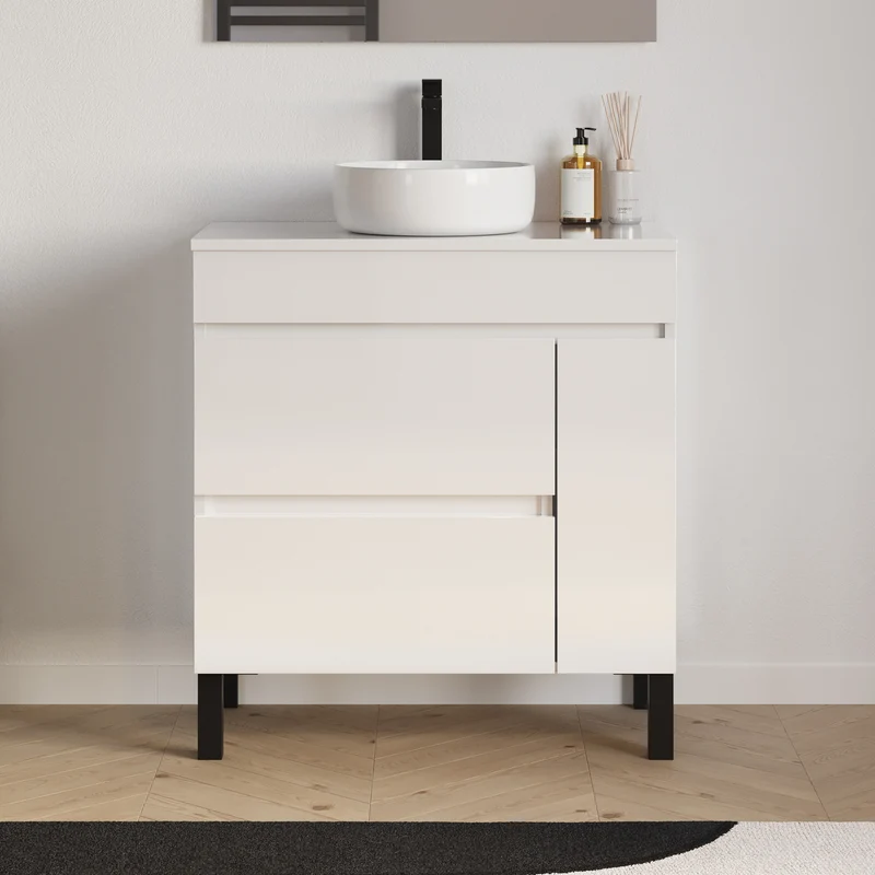 Meuble de salle de bain 70cm avec plateau et vasque à poser ronde - porte et tiroirs - LAZARO