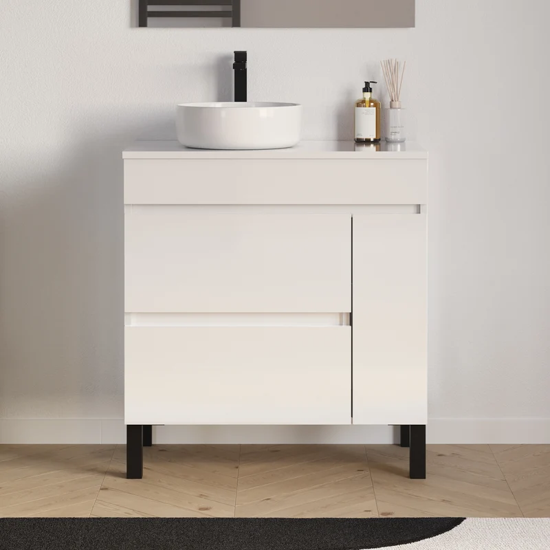 Meuble de salle de bain 70cm avec plateau et vasque à poser ronde - porte et tiroirs - LAZARO