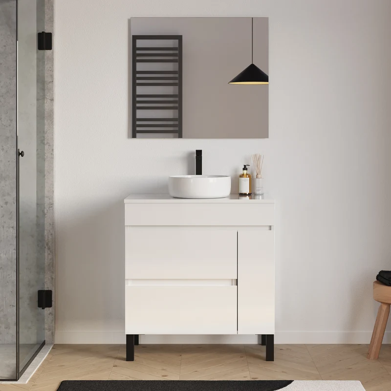 Meuble de salle de bain 70cm avec plateau et vasque à poser ronde - porte et tiroirs - LAZARO