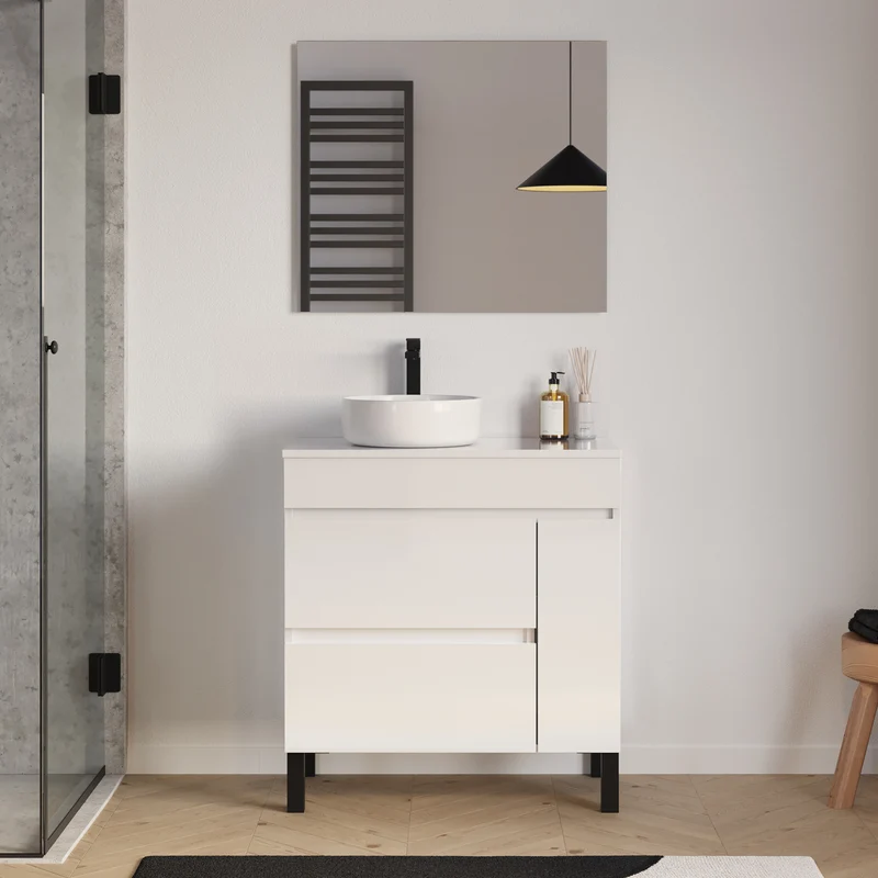 Meuble de salle de bain 70cm avec plateau et vasque à poser ronde - porte et tiroirs - LAZARO