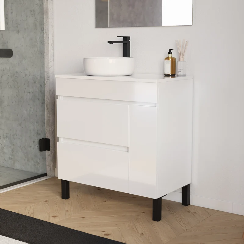 Meuble de salle de bain 70cm avec plateau et vasque à poser ronde - porte et tiroirs - LAZARO