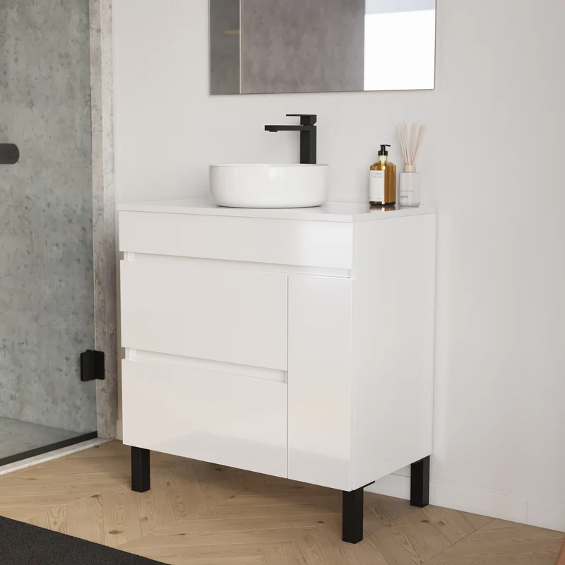 Meuble de salle de bain 70cm avec plateau et vasque à poser ronde - porte et tiroirs - LAZARO