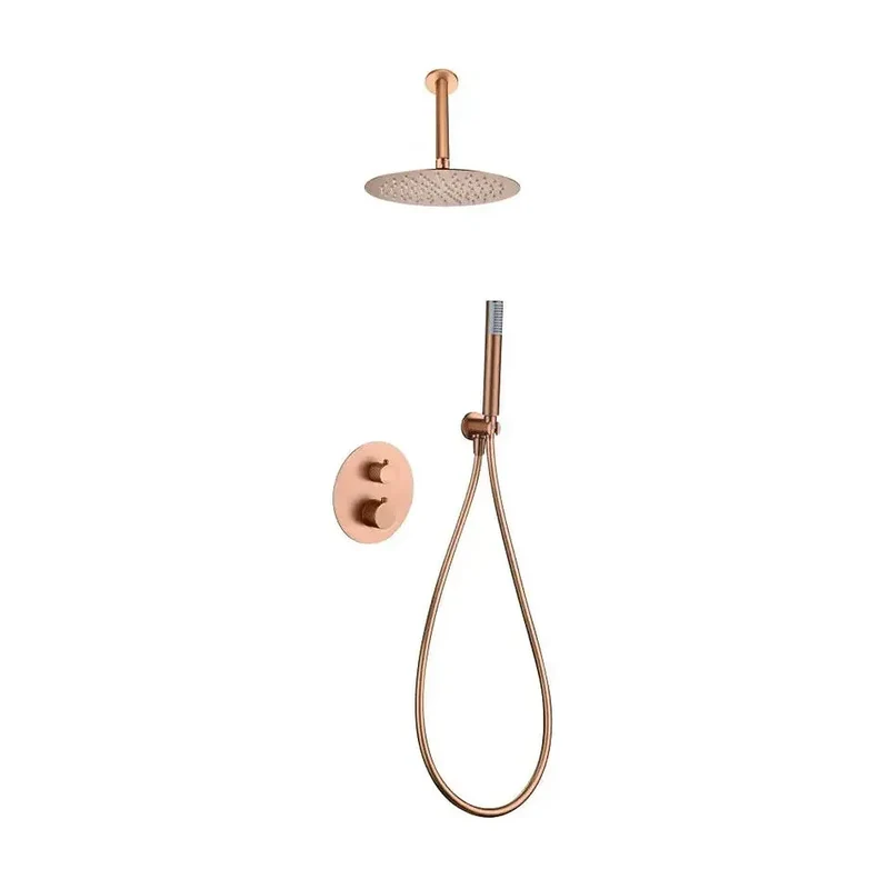 Conjunto de ducha termostático empotrado con rociador a techo acabado oro rosa cepillado piamonte Genova de Imex