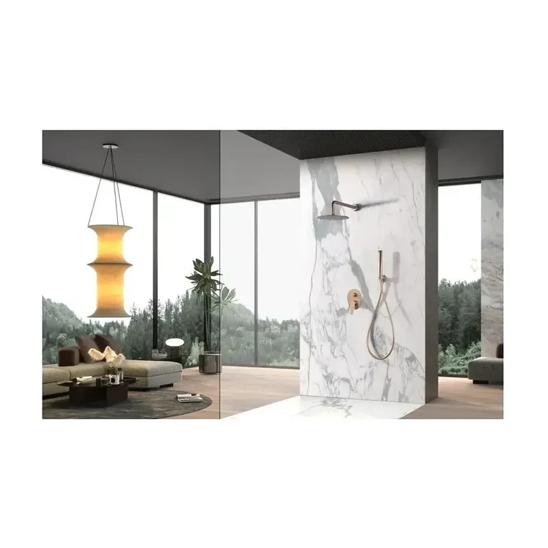 Conjunto de ducha monomando empotrado con mango y rociador acabado oro rosa cepillado Delos de Imex
