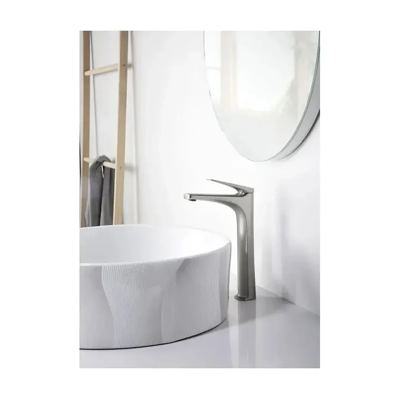 Grifo monomando con caño alto para lavabo hecho de acero inoxidable con acabado satinado Delos de Imex
