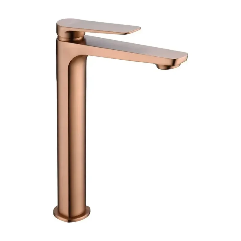 Grifo monomando con caño alto para lavabo fabricado en latón con acabado oro rosa cepillado Napoles de Imex