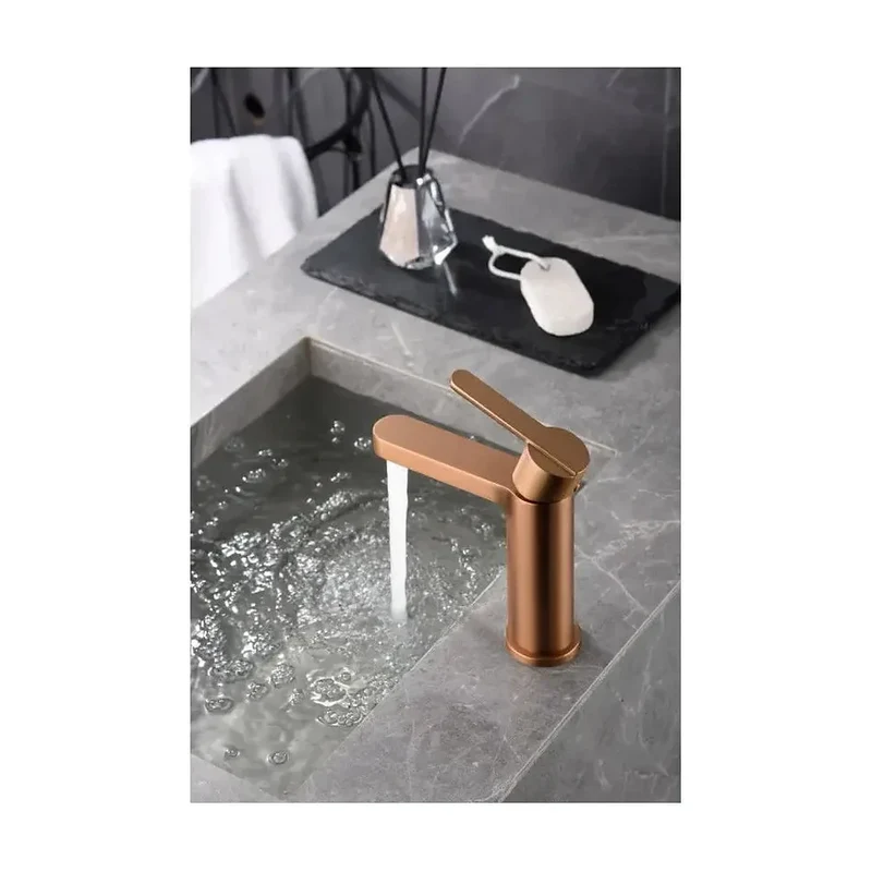 Grifo monomando sobre repisa para lavabo hecho de latón con acabado oro rosa cepillado Roma de Imex