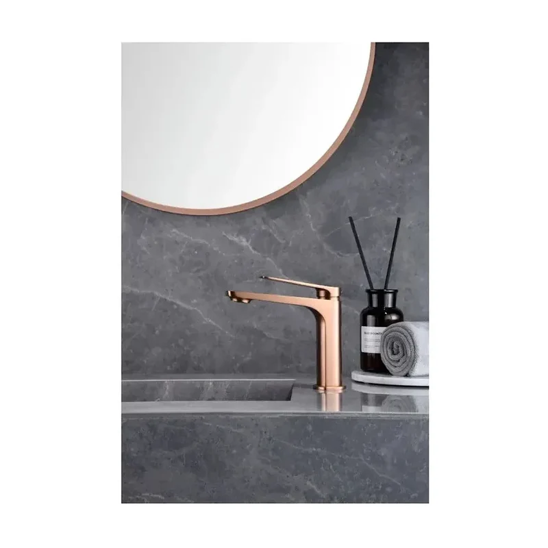 Grifo monomando sobre repisa para lavabo hecho de latón con acabado oro rosa cepillado Napoles de Imex