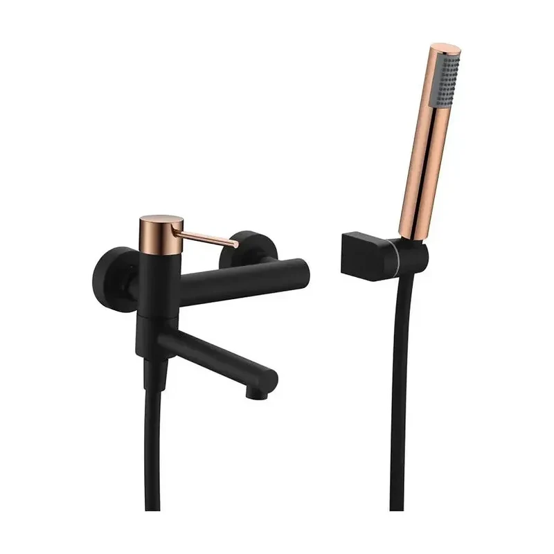 Grifo monomando de pared para bañera fabricada en latón de acabado negro y oro rosa Milos de Imex